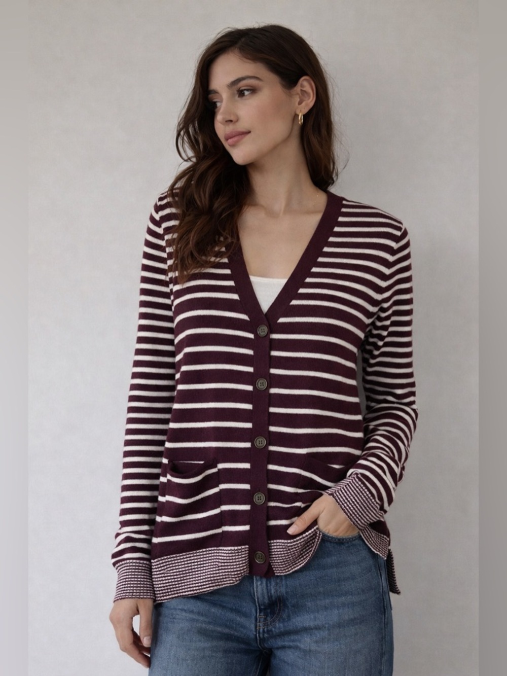 Kerisma Burgundy Striped Cardigan V-Neck Button Front Women M